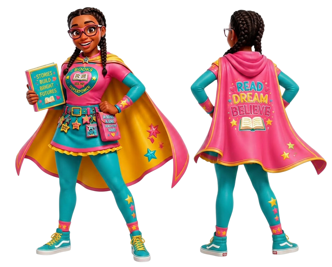 The Reading Engager superhero mascot in cape and glasses