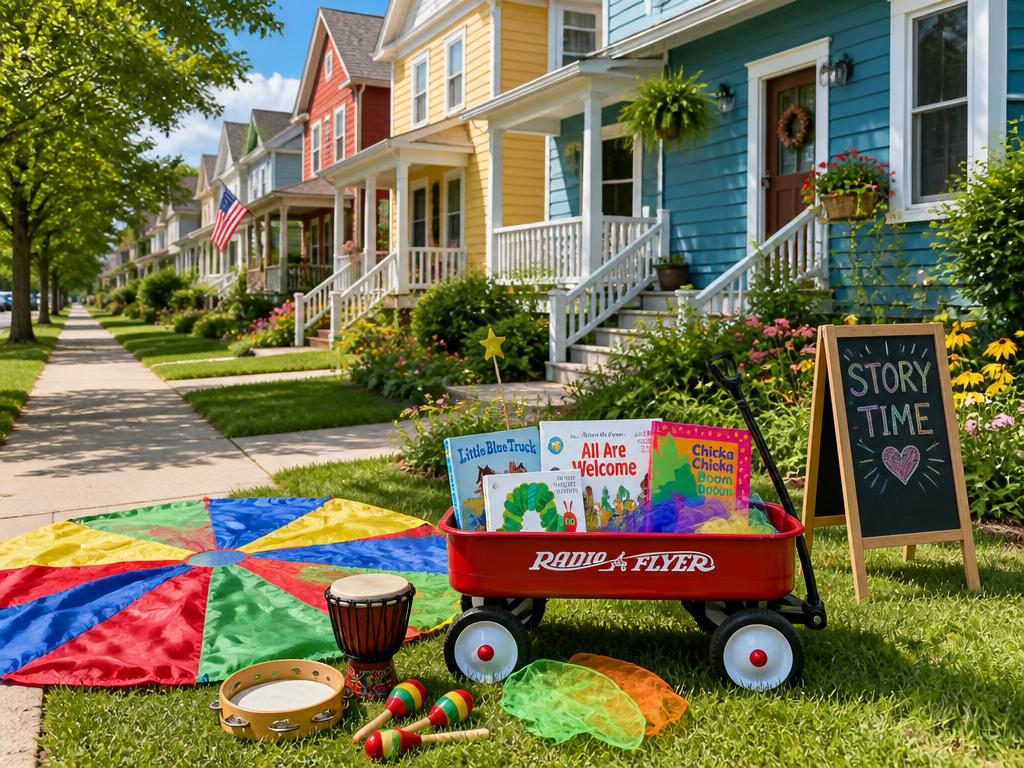 A friendly neighborhood street with a red wagon full of picture books, a parachute and instruments on the lawn.