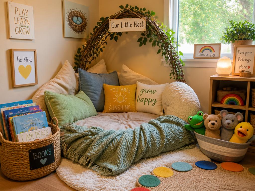 A cozy nest-like reading nook with cushions, blankets, a basket of picture books and plush puppets.