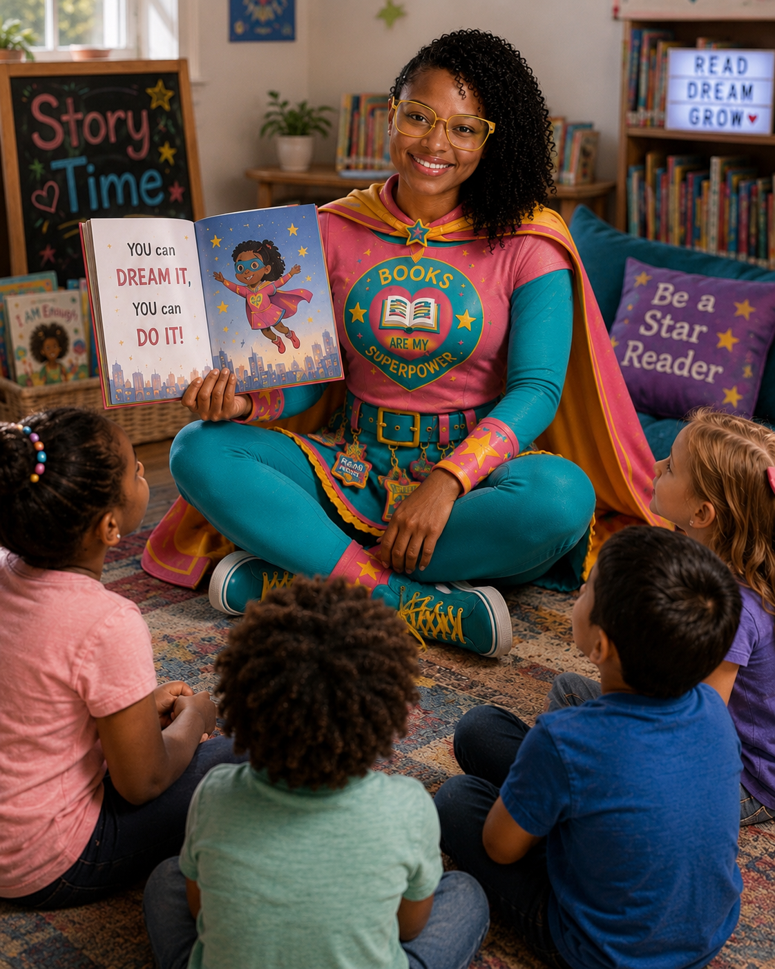 Reading Superhero reading a book to four children