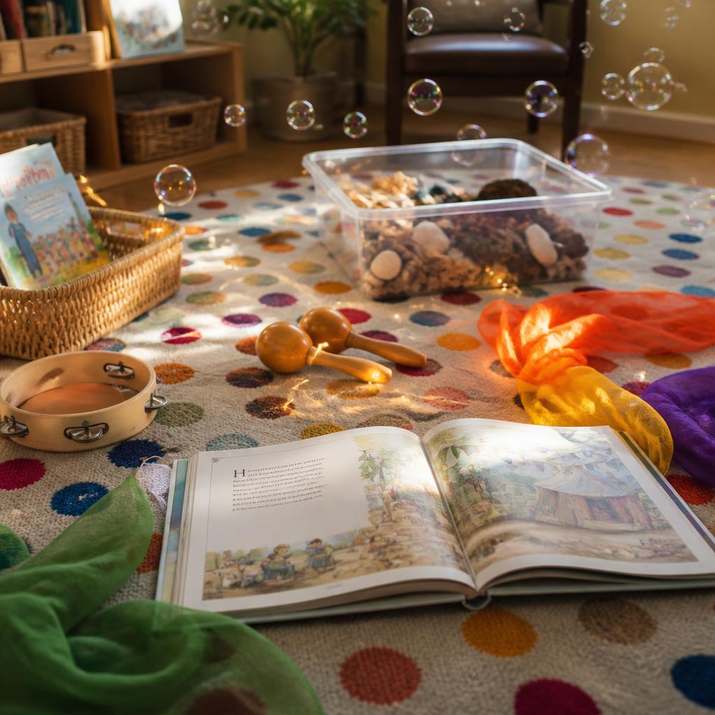 A glowing open storybook on a colorful rug surrounded by bubbles, sparkles, scarves, instruments and sensory play bins.