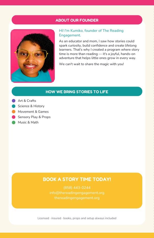 Magical Storytime Classes & Membership brochure — back panel